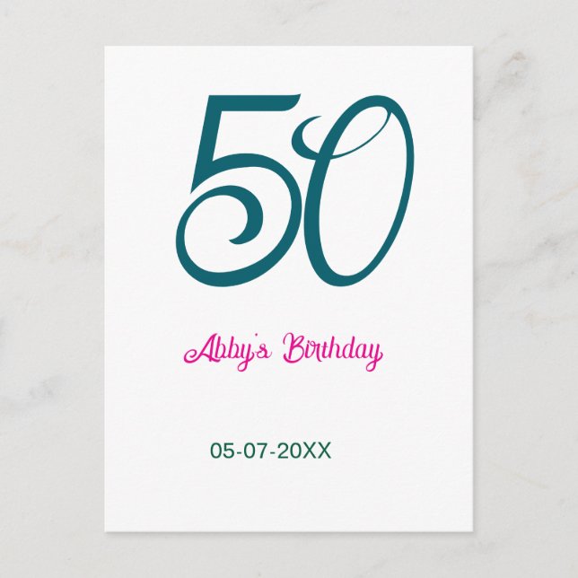 Carte Postale 50e anniversaire ajouter nom année turquoise rose  (Devant)