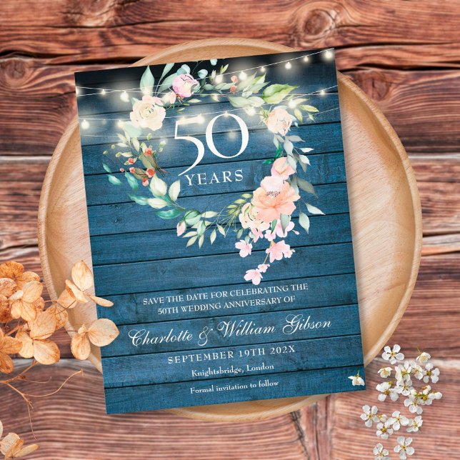 Carte Postale 50e anniversaire Blue Rustic Floral Enregistrer la (Créateur téléchargé)