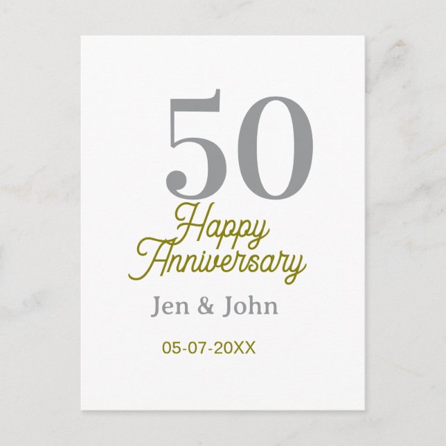 Carte Postale 50e anniversaire de bonheur nom date argent or dat (Devant)
