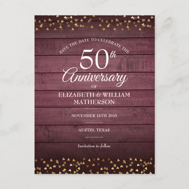 Carte Postale 50e anniversaire de mariage Save the Date cœurs do (Devant)