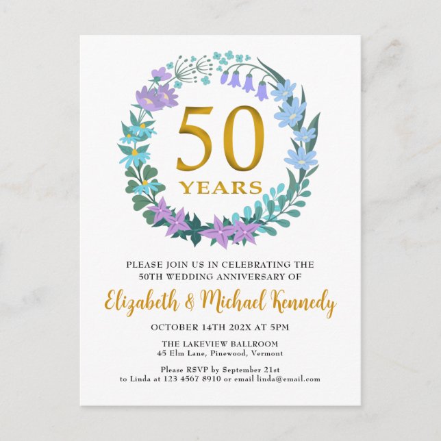 Carte Postale 50e anniversaire du Mariage Invitation florale d'o (Devant)