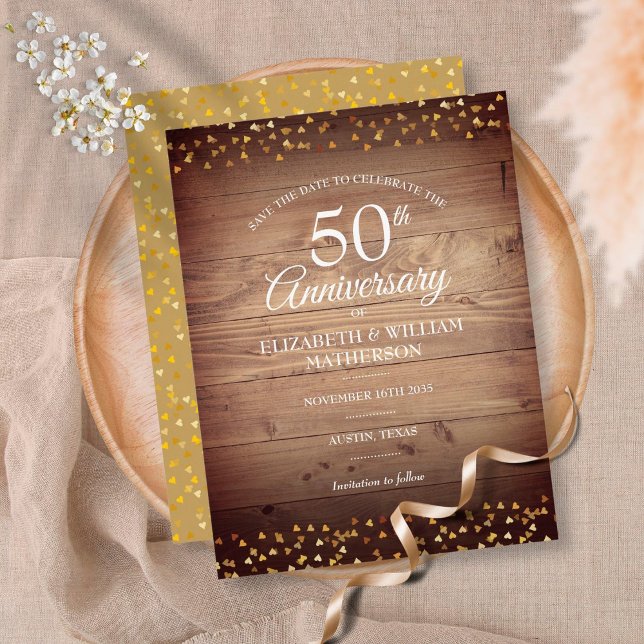Carte Postale 50e Anniversaire Enregistrer la Date Cœurs Or Rust (Créateur téléchargé)