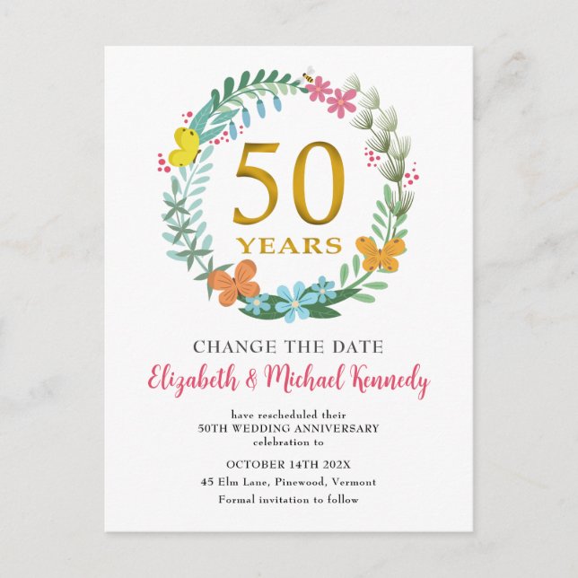 Carte Postale 50e anniversaire Golden Floral Wreath Date de chan (Devant)
