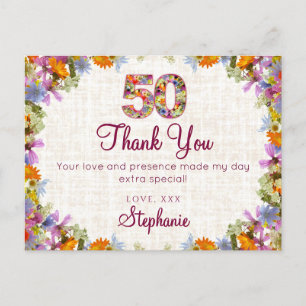 Carte Postale 50e anniversaire Merci - Élégant floral