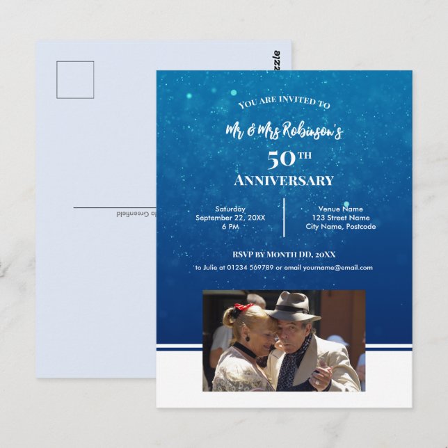 Carte Postale 50e anniversaire Photo personnalisée Eau bleu fonc (Devant / Derrière)