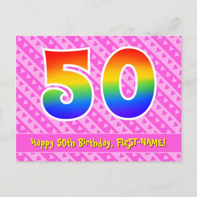 Carte Postale 50e anniversaire : Pink Stripes & Hearts, Rainbow  (Devant)