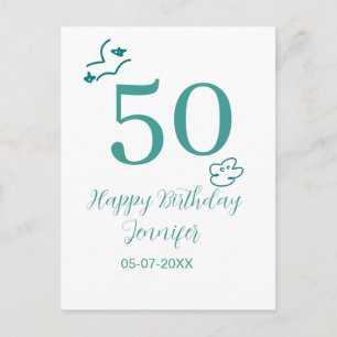 Carte Postale 50e anniversaire turquoise nom nuages dessinés à l