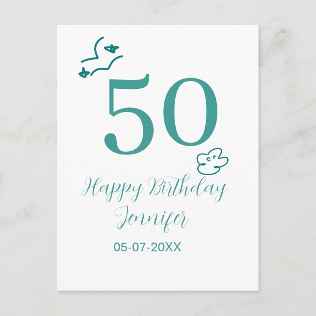 Carte Postale 50e anniversaire turquoise nom nuages dessinés à l (Devant)