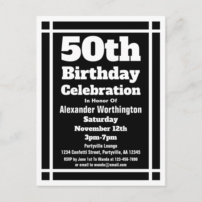 Carte postale 50e Black Simple Birthday Invitation (Devant)