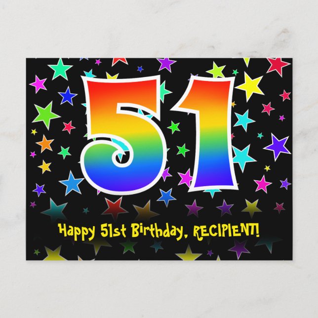 Carte Postale 51e anniversaire : Fun Stars Motif, Rainbow 51, No (Devant)