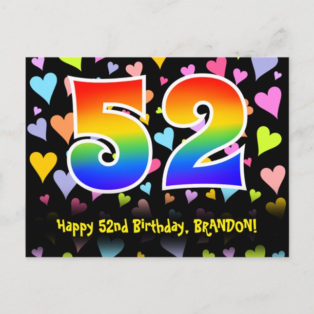 Carte Postale 52e anniversaire : motif de cœurs amusants, arc-en (Devant)