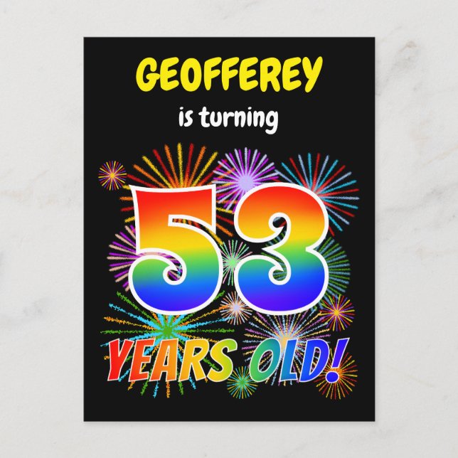 Carte Postale 53e anniversaire - Fun Fireworks, Rainbow Look "53 (Devant)