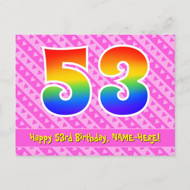 Carte Postale 53e anniversaire : Pink Stripes & Hearts, Arc en c (Devant)