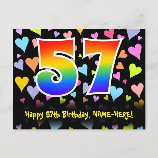 Carte Postale 57e anniversaire : Fun Hearts Motif, Arc-en-ciel 5 (Devant)