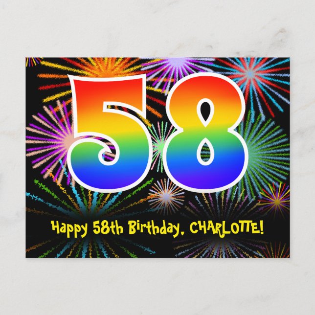 Carte Postale 58e anniversaire - Fun Fireworks Motif + Rainbow 5 (Devant)