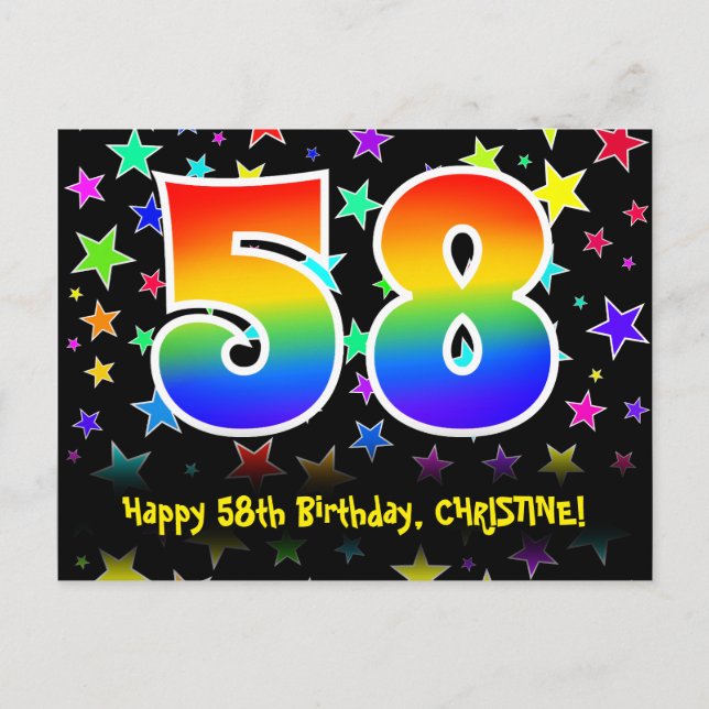 Carte Postale 58e anniversaire : Fun Stars Motif, Rainbow 58, No (Devant)