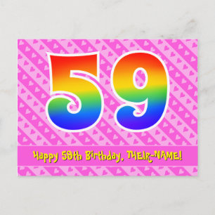 Carte Postale 59e Anniversaire : Rayures roses & Cœurs, Arc-en-c