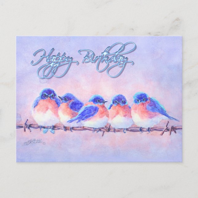 Carte Postale 5 BLUEBIRS sur fil & TEXTE par SHARON SHARPE (Devant)