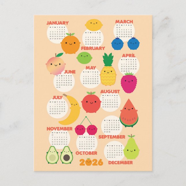 Carte Postale 5 Par Jour Kawaii Fruits 2026 Calendrier (Devant)