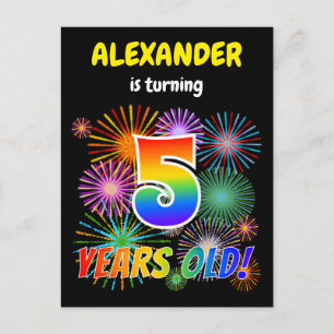 Carte Postale 5e anniversaire - Fun Fireworks, Rainbow Look "5"