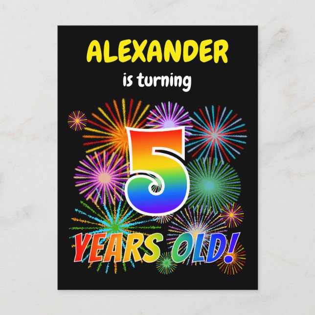Carte Postale 5e anniversaire - Fun Fireworks, Rainbow Look "5" (Devant)