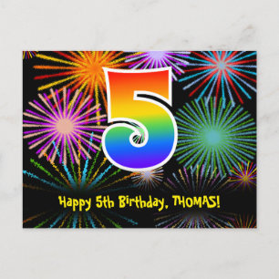 Carte Postale 5e anniversaire - Fun Motif Fireworks + Rainbow 5