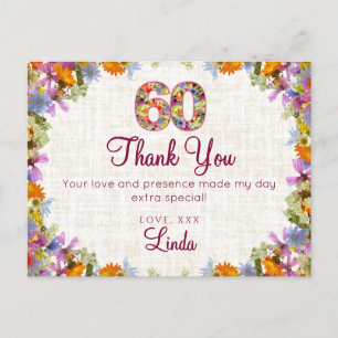 Carte Postale 60e anniversaire Merci - Design floral élégant