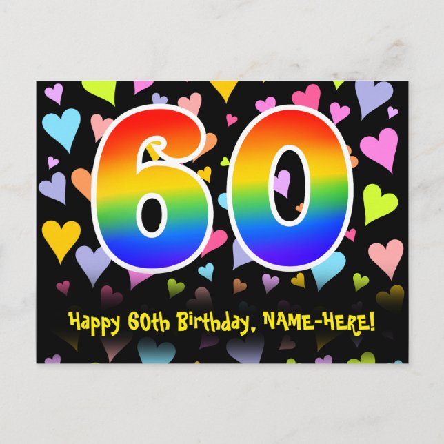 Carte Postale 60e anniversaire : motif coeurs amusants, arc-en-c (Devant)