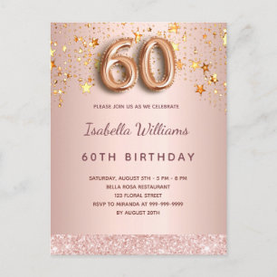 Carte Postale 60e anniversaire rose or rose étoiles script ballo