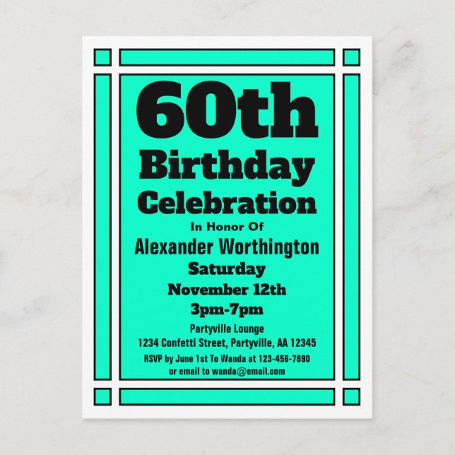 Carte Postale 60e Turquoise simple Invitation d'anniversaire Car (Devant)