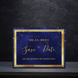 Carte Postale 60th birthday dark blue gold save the date<br><div class="desc">A Save the Date card for a 60th birthday party for a guy, man, male. A dark blue background decorated with golden confetti and a faux gold and black frame. The blue color is uneven. Templates for a date and name/age 60. Golden colored letters. The text: Save the Date is...</div>