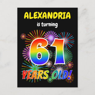 Carte Postale 61e anniversaire - Fun Fireworks, Rainbow Look "61