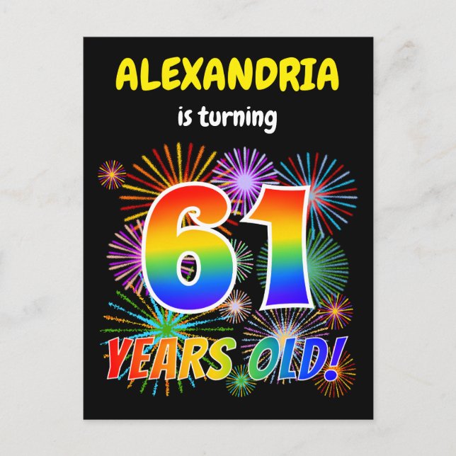 Carte Postale 61e anniversaire - Fun Fireworks, Rainbow Look "61 (Devant)