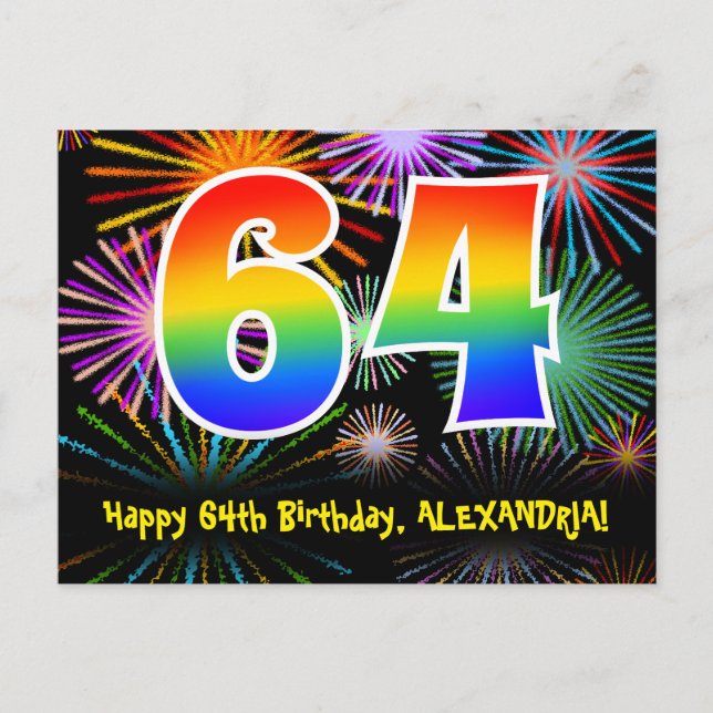 Carte Postale 64e anniversaire - Fun Motif Fireworks + Arc-en-ci (Devant)