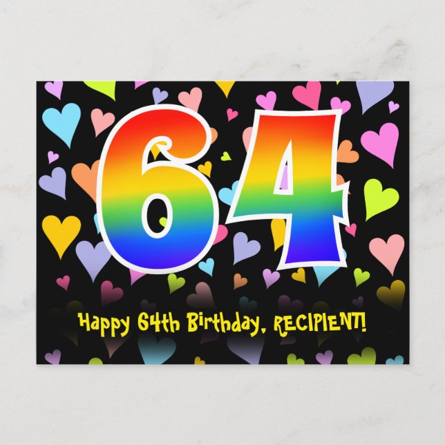 Carte Postale 64e anniversaire : motif de cœurs amusants, arc-en (Devant)