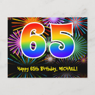 Carte Postale 65e anniversaire - Fun Motif Fireworks + Arc-en-ci