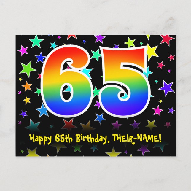 Carte Postale 65e anniversaire : Fun Stars Motif, Arc-en-ciel 65 (Devant)