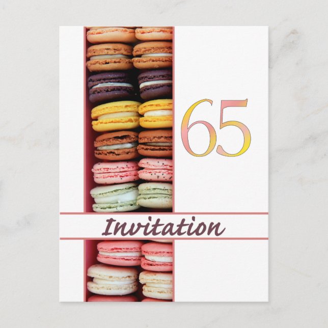 Carte Postale 65e anniversaire invitation à la fête macaron (Devant)