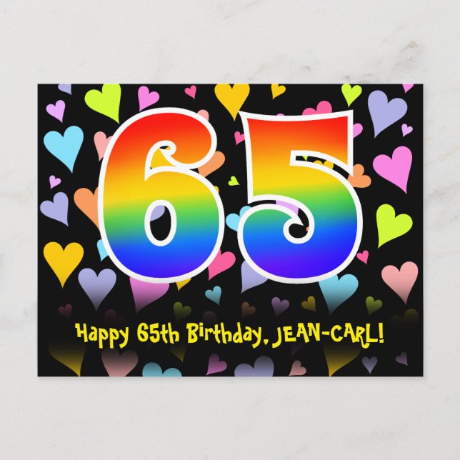 Carte Postale 65e anniversaire : motif coeurs amusants, arc-en-c (Devant)