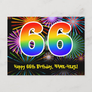 Carte Postale 66e anniversaire - Fun Motif Fireworks + Arc-en-ci