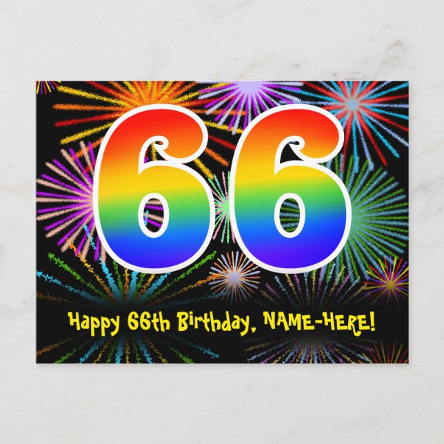 Carte Postale 66e anniversaire - Fun Motif Fireworks + Arc-en-ci (Devant)