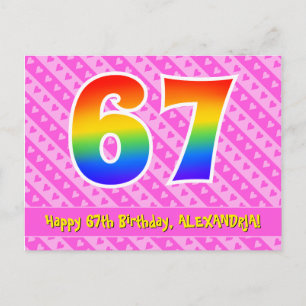 Carte Postale 67e anniversaire : rayures roses et cœurs, arc-en-