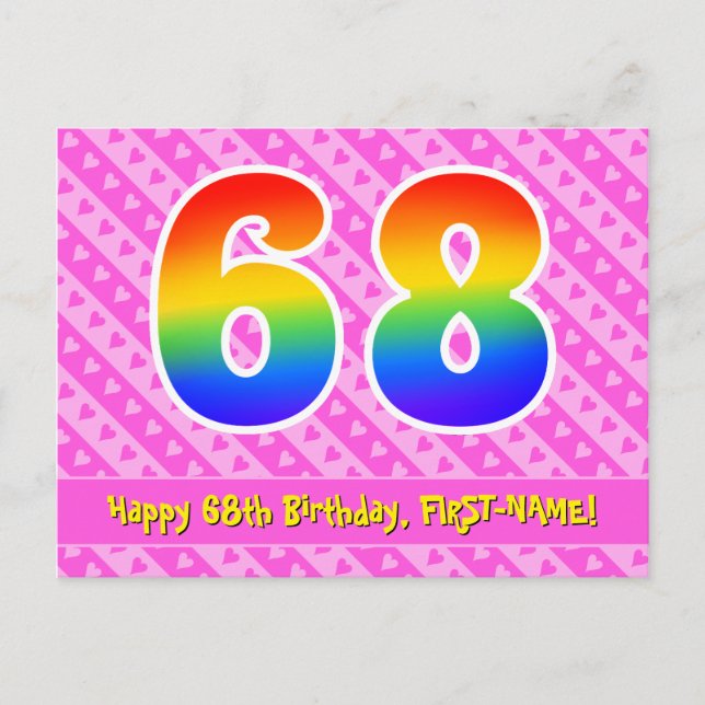 Carte Postale 68e anniversaire : Pink Stripes & Hearts, Arc-en-c (Devant)