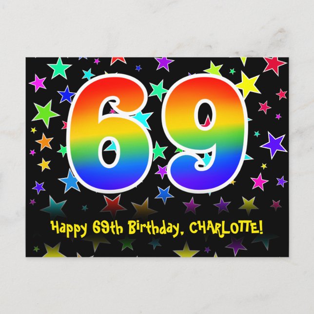 Carte Postale 69e Anniversaire : motif d'étoiles amusantes, arc- (Devant)