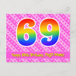Carte Postale 69e anniversaire : Pink Stripes & Hearts, Arc en c