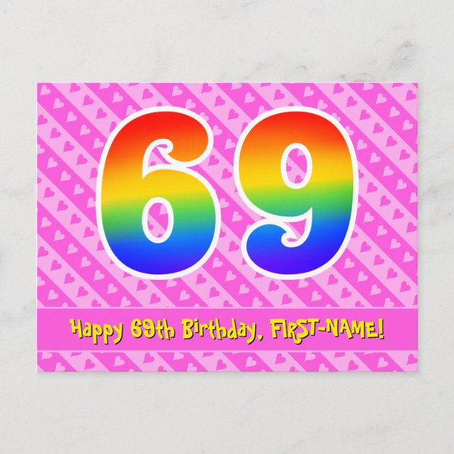 Carte Postale 69e Anniversaire : Rayures roses et cœurs, Arc-en- (Devant)