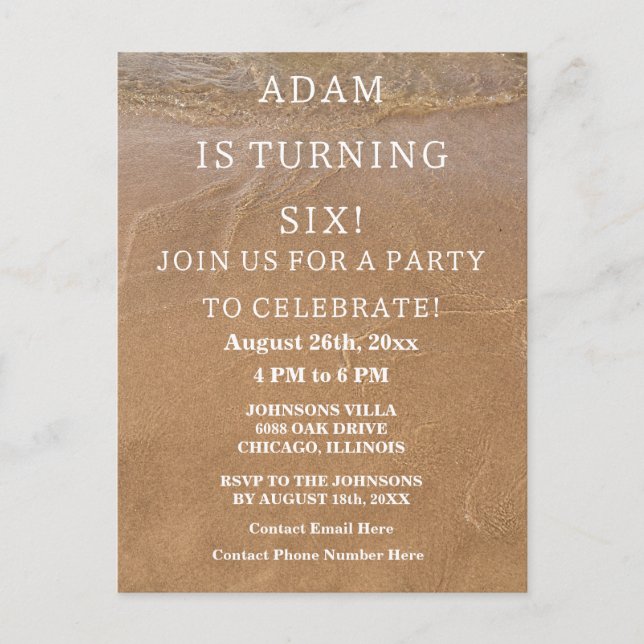 Carte Postale 6 Anniversaire Sandy Beach Ocean Custom Age (Devant)