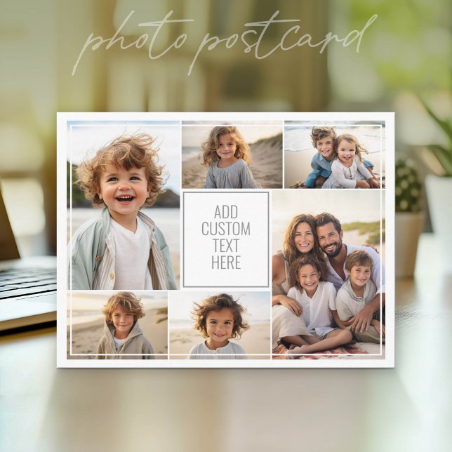 Carte Postale 6 collage de photos - fond blanc - texte gris (Photo Postcard that You Can Customize with your favorite photos - Modern, minimal design)