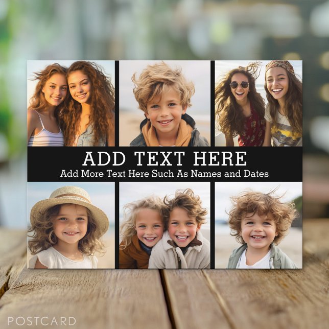 Carte Postale 6 Collage photo 2 lignes de texte — CAN Edit Black (Custom Personalized Photo Collage Postcard)