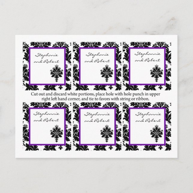 Carte Postale 6 Favor Tags Mariage Noir Violet Damassé Dentelle (Devant)